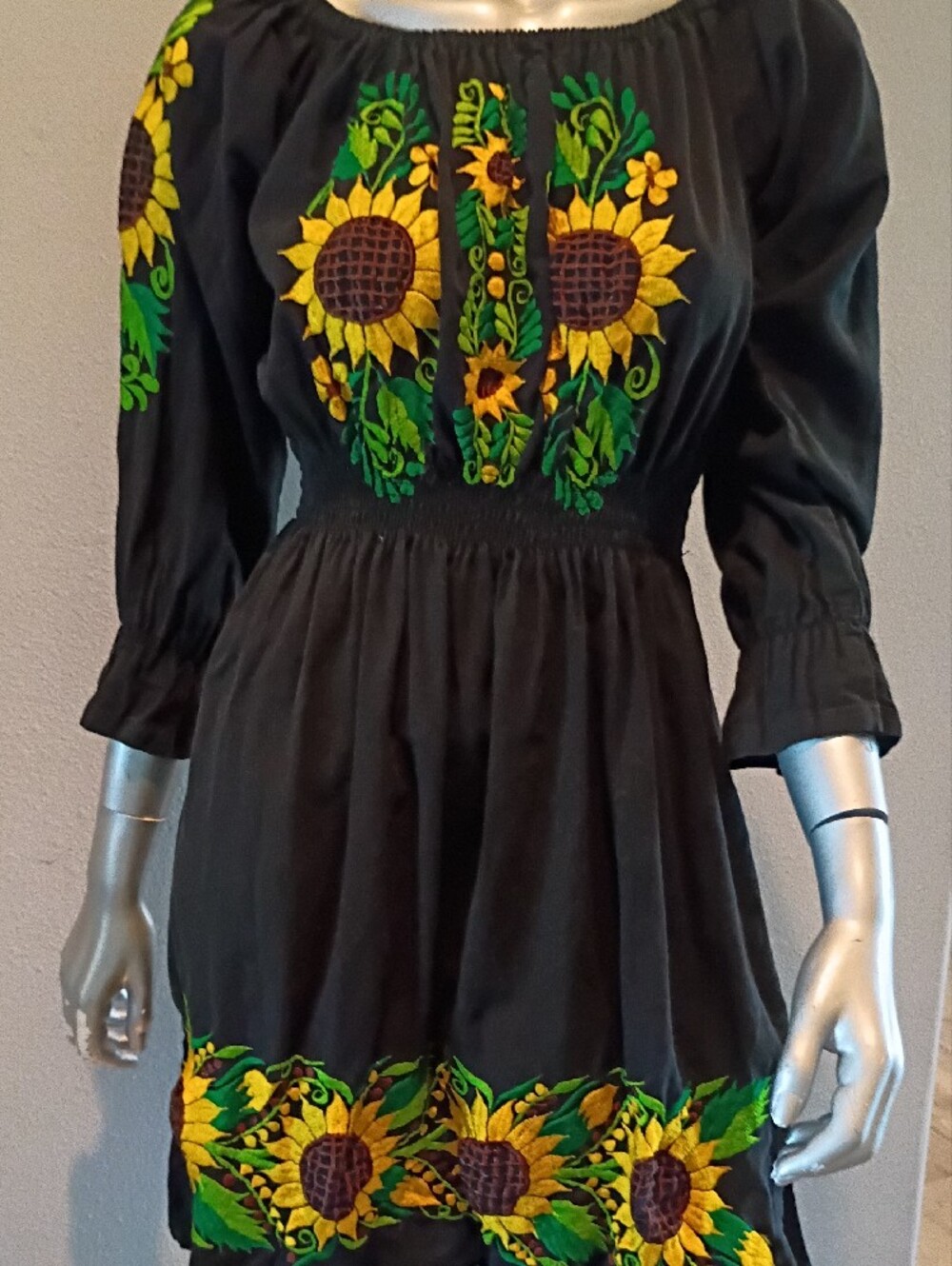 Sunflower Artisan-Embroidered Boho   Black Cotton Mini Dress Sz Med - Picture 4 of 12